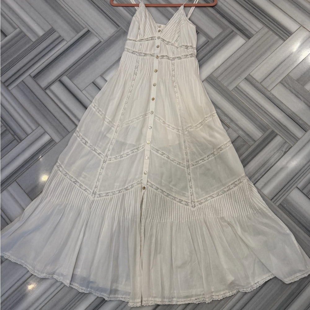 LoveShackFancy White Midi Flowy Dress with Button Details and Smock Back